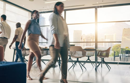 Preview: Busy office, blur and business people in the workplace, in the morning for coworking. Walking, team