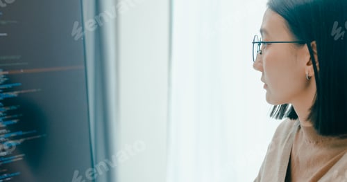 Preview: Closeup young adult Asia female freelance eyeglasses typing write prompt AI bot IT app program nomad
