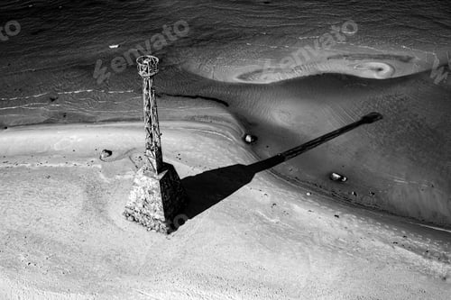 Preview: old ruins of Kurmrags lighthouse on the Baltic coast, Latvia, view from above, black and white