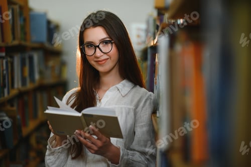Preview: Portrait of a beautiful student in a library