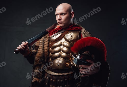 Preview: Serious roman soldier weared in fur and bronze armor