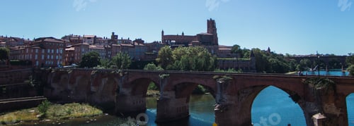 Preview: Cathedral Basilica of Saint Cecilia surrounded by buildings greenery and water with an arch bridge