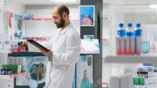 Preview: Pharmacist scanning medical products boxes in healthcare store
