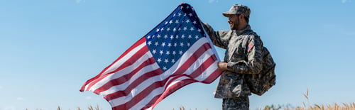 Preview: panoramic shot of handsome military man with backpack holding american flag
