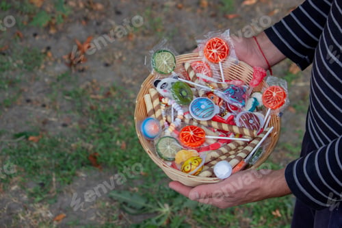 Preview: Children collecting candy for Halloween. Selective focus