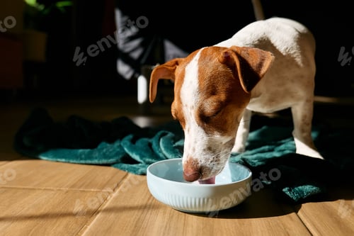 Preview: Jack Russell terrier dog drinking milk from bowl on the parquet floor in living room in a sunny day.