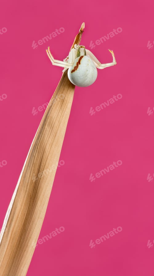Preview: Golden Crab Spider, Misumena vatia, on a blade of grass in front of a pink background