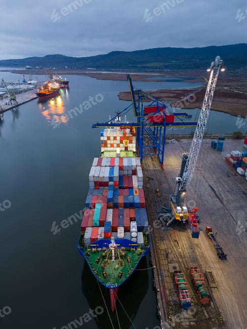 Preview: Aerial drone view of Large car cargo ship entering the port in Varna