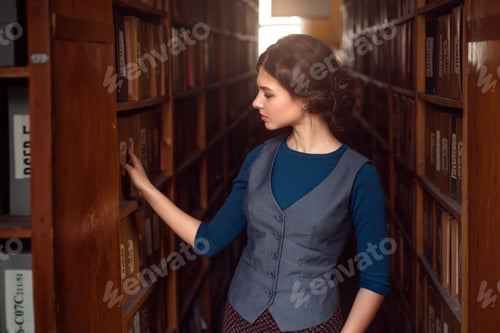 Preview: Young woman selecting book from library shelf.
