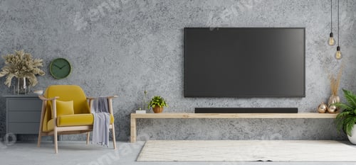 Preview: TV room interior with yellow armchair in loft style house on concrete wall background.