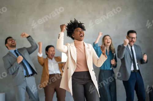Preview: Excited overjoyed diverse business people, team celebrate corporate victory together in office