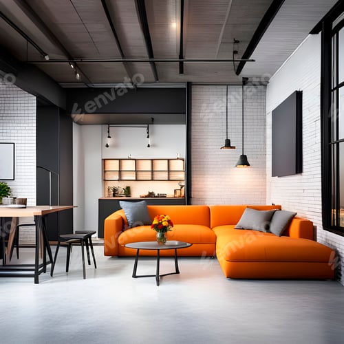 Preview: Realistic kitchen interior, orange sofa, gray floor, wooden table, loft style, soft lighting