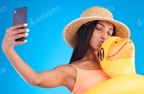 Preview: Happy woman, selfie and swimming travel for social media or profile picture with inflatable duck ag