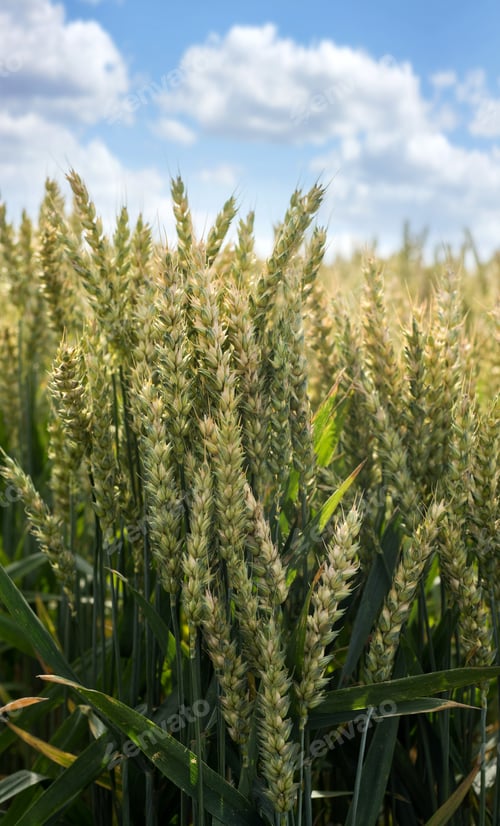Preview: an green ears of wheat ripening in cereal field at summer, blue sky with clouds