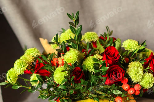 Preview: Bouquet Flowers In Vase Of Pumpkin Top View