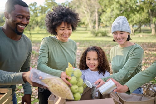 Preview: Volunteering, donation food and people with child for sustainability, poverty help and community se