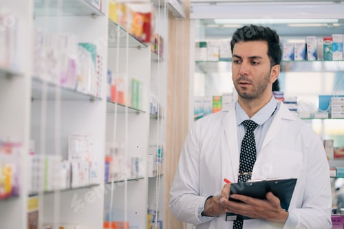Preview: Pharmacist checking stock of drug on shelves with digital tablet