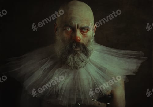 Preview: Portrait of an evil scary clown on the black background