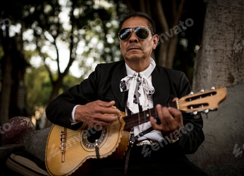Preview: A seasoned guitarist serenades with soulful melodies in a tranquil park setting.