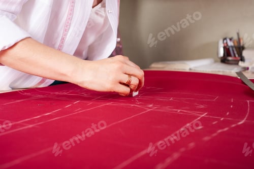 Preview: A beautiful seamstress woman in her own atelier makes a pattern