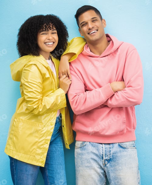 Preview: Couple of friends, portrait or bonding on isolated blue background in fashion, trend or cool style