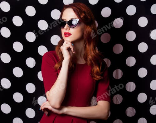 Preview: Woman in Red Dress and Sunglasses Posing