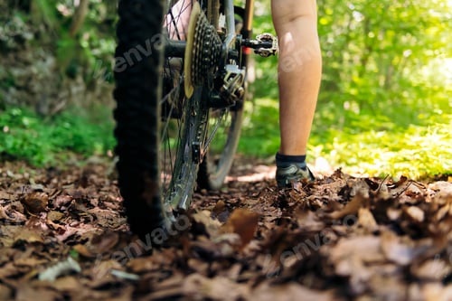 Preview: cyclist leg and wheel of a mountain bike