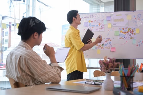 Preview: Young asian businessman giving presentation of start up business plan in meeting.