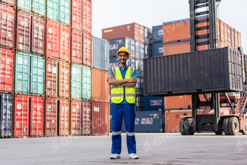 Preview: Portrait of Asian engineer man worker work in container port terminal.