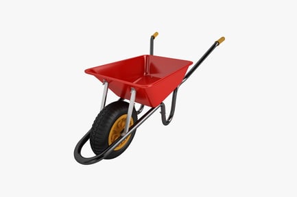 Vista previa: Carretilla roja con mango negro y ruedas amarillas