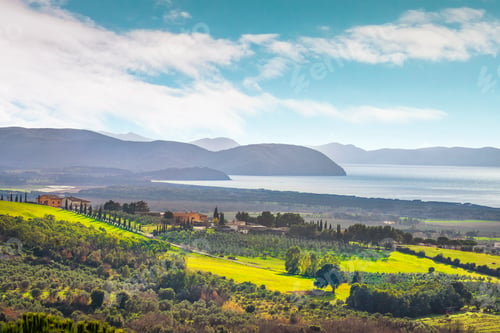 Preview: View of San Vincenzo countryside, sea and Elba on the horizon. Tuscany, Italy.