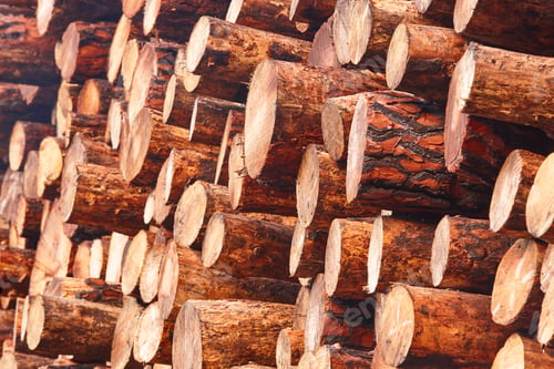 Preview: Stacked freshly cut logs. Natural pine wood. Deforestation. Timber factory