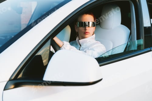 Preview: Fashion cyberpunk girl drive a supercar. woman with futuristic eyeglasses sits by the car wheel.