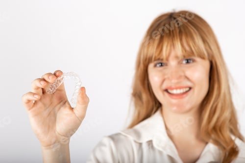 Preview: Beautiful smiling young woman with aligner.