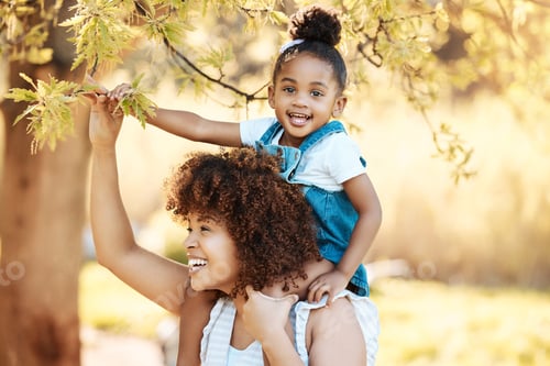 Preview: Piggyback, love and mother with girl child in a park happy, freedom and adventure in nature togethe