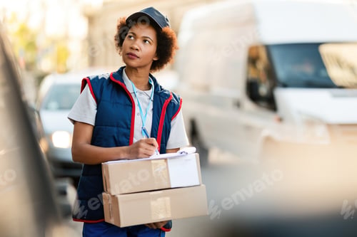 Preview: Black female courier writing address while making delivery in the city.