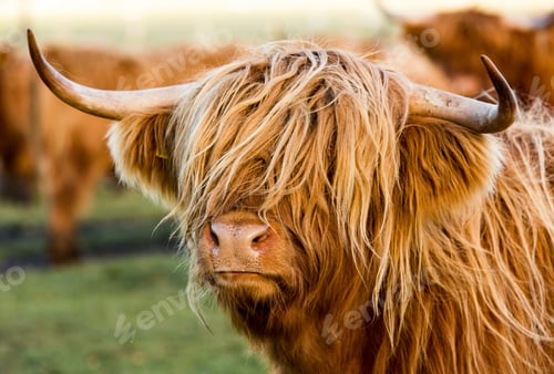 Preview: Portrait of a brown Highland Cow on a farm