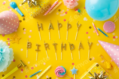 Preview: Adorable celebration display. Overhead shot of cheerful setup, lollypops, gifts, party caps