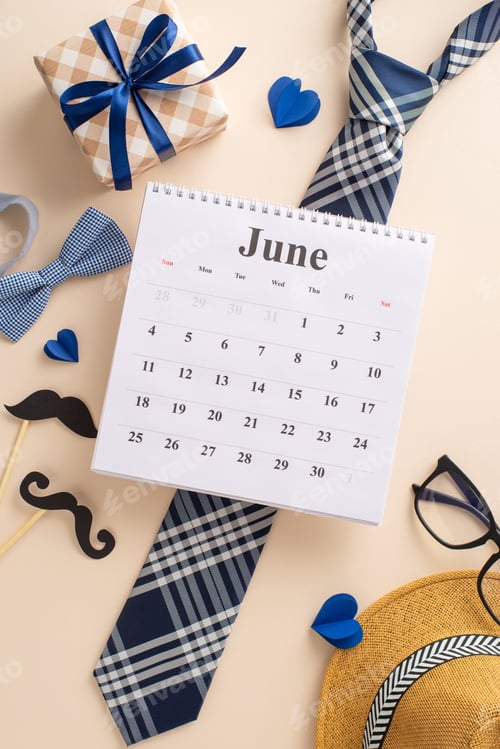Preview: Show Dad your appreciation with this elegant vertical top view setup: calendar, hat, stylish tie