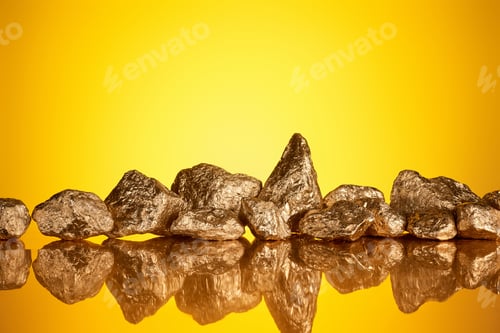 Preview: pile of gold shiny stones in row with reflection on yellow background with copy space
