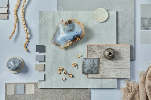 Preview: Flat lay of creative architect moodboard composition