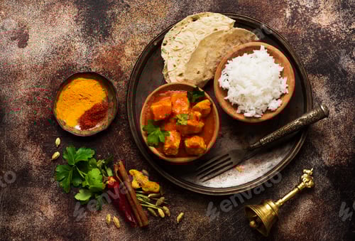 Preview: Spicy chicken tikka masala with rice, indian naan bread, spices, herbs. Traditional Indian dish.