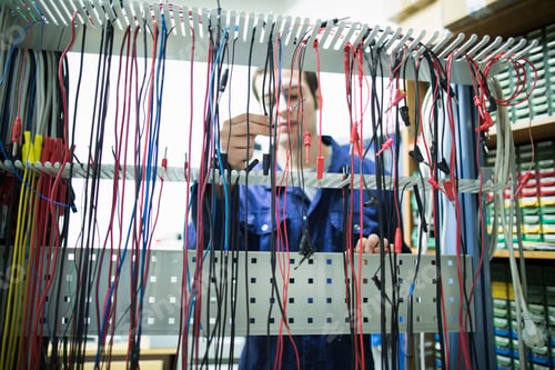 Preview: Male electrician selecting power cable in workshop