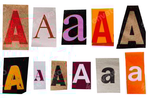 Preview: Letter A cut out from vintage magazines and newspapers, set of ransom letters isolated for collage