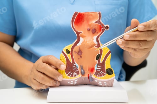 Preview: Asian doctor with rectum and hemorrhoid human anatomy model