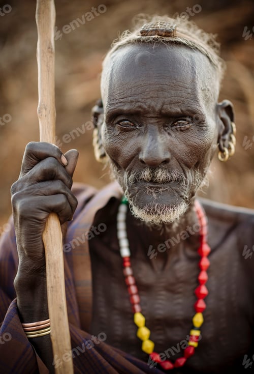 Preview: Elderly man with a piercing gaze holding a staff