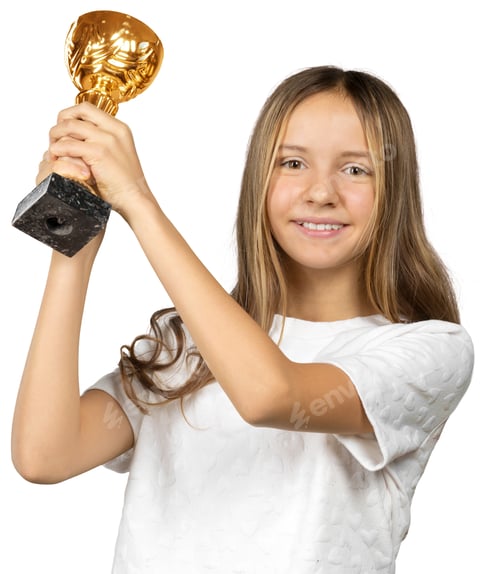Preview: Girl holds trophy with a smile after winning a competition at an event