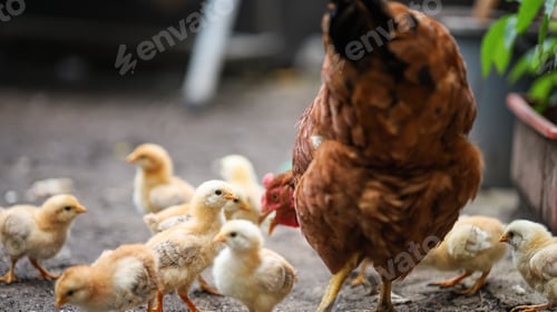 Preview: A laying hen with her chickens walks around the yard and collects crumbs of bread.