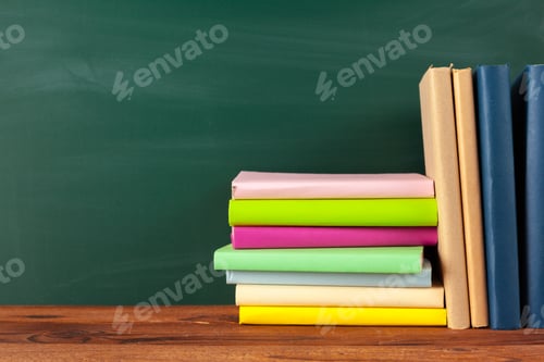 Preview: Books on Desk, Chalkboard Background