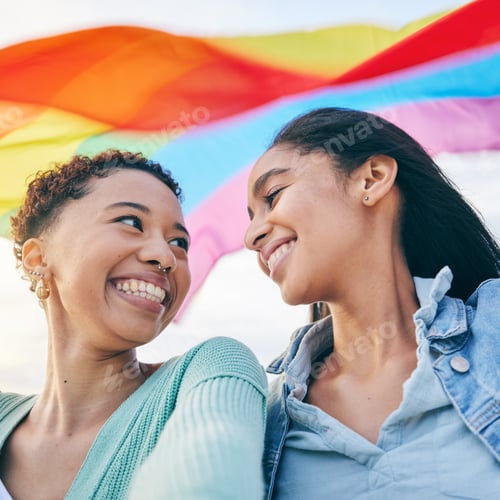 Preview: Happy, couple and lesbian with women in selfie, pride flag and lgbt relationship with love and happ